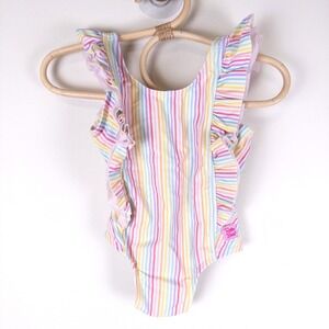 RuffleButts Swimsuit Kids 6-12m Rainbow Stripe Ruffle‎ One Piece Bow Back